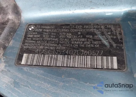 2002 BMW Z3 3.0I z USA, uszkodzony, nr VIN 4USCN53402LJ60577